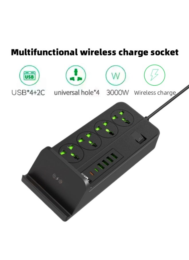 اكسيسن شريط طاقة مزود بحامل شحن لاسلكي، مقبس طاقة مع 4 منافذ USB ومنفذين من النوع C، 4 منافذ تيار متردد، سلك تمديد 2 متر، محطة شحن واقي من زيادة التيار للمنزل، المكتب، السفر  - Image 2
