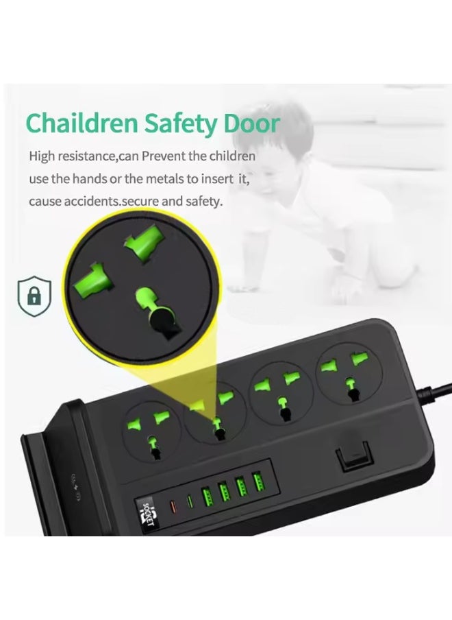 اكسيسن شريط طاقة مزود بحامل شحن لاسلكي، مقبس طاقة مع 4 منافذ USB ومنفذين من النوع C، 4 منافذ تيار متردد، سلك تمديد 2 متر، محطة شحن واقي من زيادة التيار للمنزل، المكتب، السفر  - Image 5