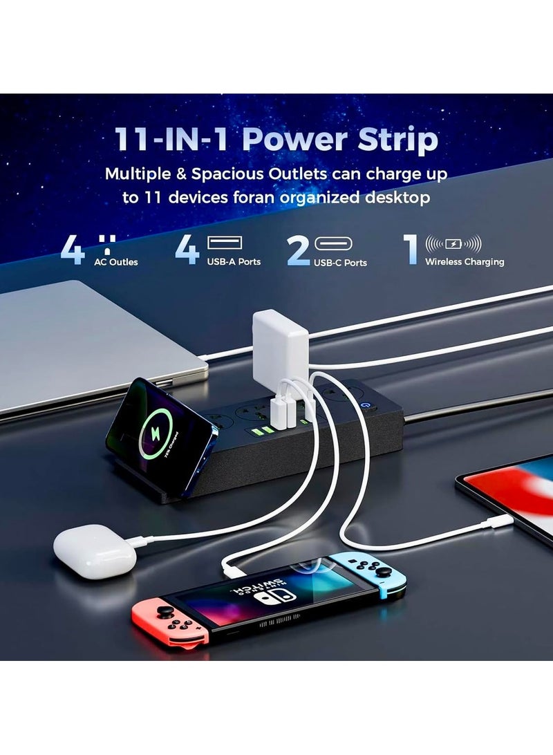 XICEN Power Strip with Wireless Charging Rack, Power Socket with 4 USB Ports & 2 Type-C Ports, 4 AC Outlets,  2M Extension Cord, Surge Protector Charging Station for Home, Office, Travel - Image 2