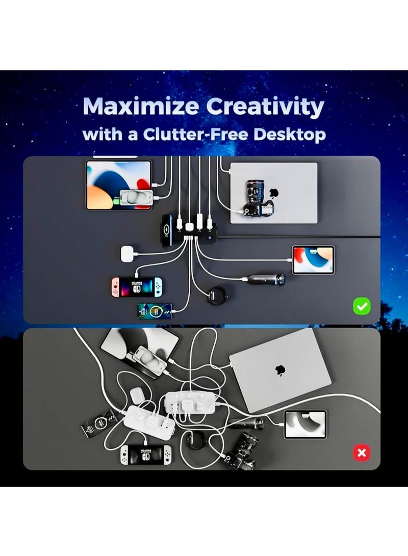 XICEN Power Strip with Wireless Charging Rack, Power Socket with 4 USB Ports & 2 Type-C Ports, 4 AC Outlets,  2M Extension Cord, Surge Protector Charging Station for Home, Office, Travel - Image 3