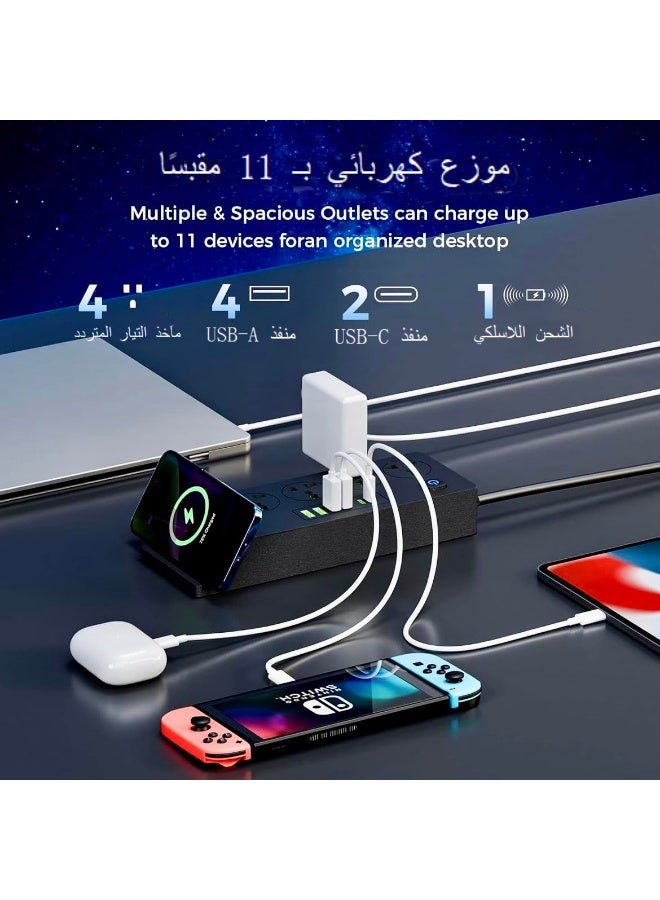 اكسيسن شريط طاقة مزود بحامل شحن لاسلكي، مقبس طاقة مع 4 منافذ USB ومنفذين من النوع C، 4 منافذ تيار متردد، سلك تمديد 2 متر، محطة شحن واقي من زيادة التيار للمنزل، المكتب، السفر - Image 2