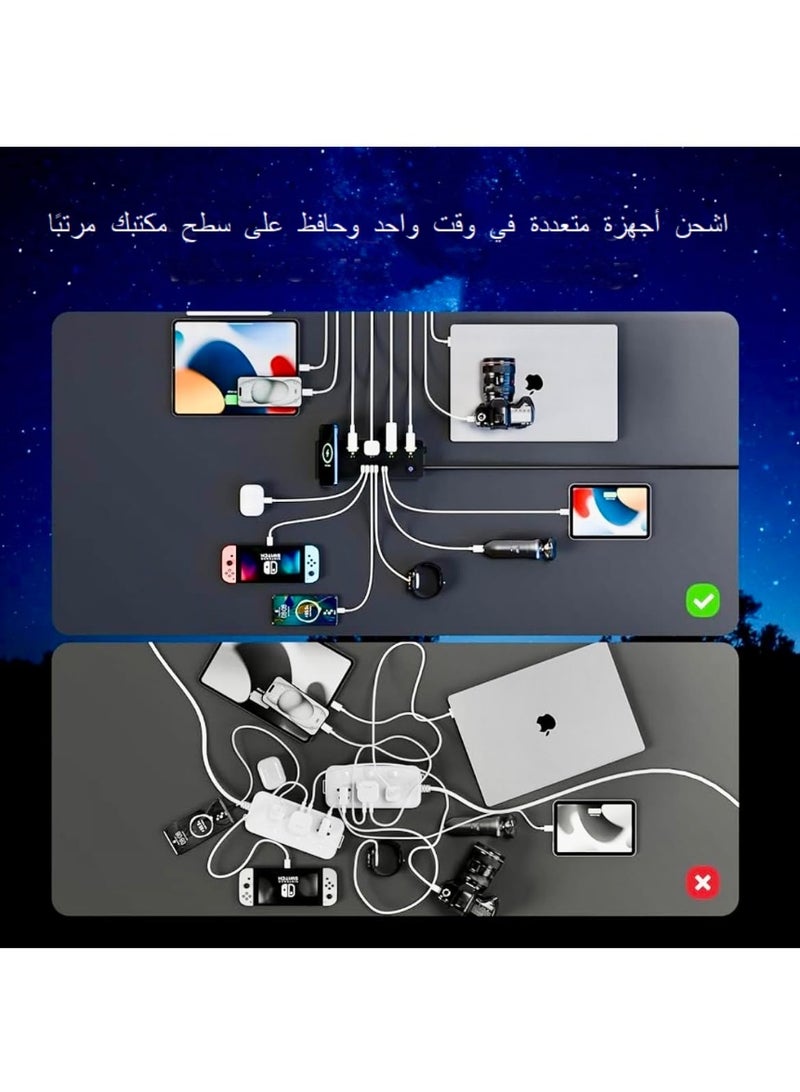 اكسيسن شريط طاقة مزود بحامل شحن لاسلكي، مقبس طاقة مع 4 منافذ USB ومنفذين من النوع C، 4 منافذ تيار متردد، سلك تمديد 2 متر، محطة شحن واقي من زيادة التيار للمنزل، المكتب، السفر - Image 3