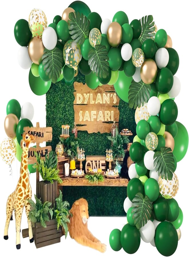 Jungle Green Balloons 140 Pcs Safari Tropical Forest Birthday Party Garland Kit Dinosaur Theme Arch Gold Confetti Latex Balloons with Palm Leaves for Boys Kids Girls Baby Shower Strip Tools
