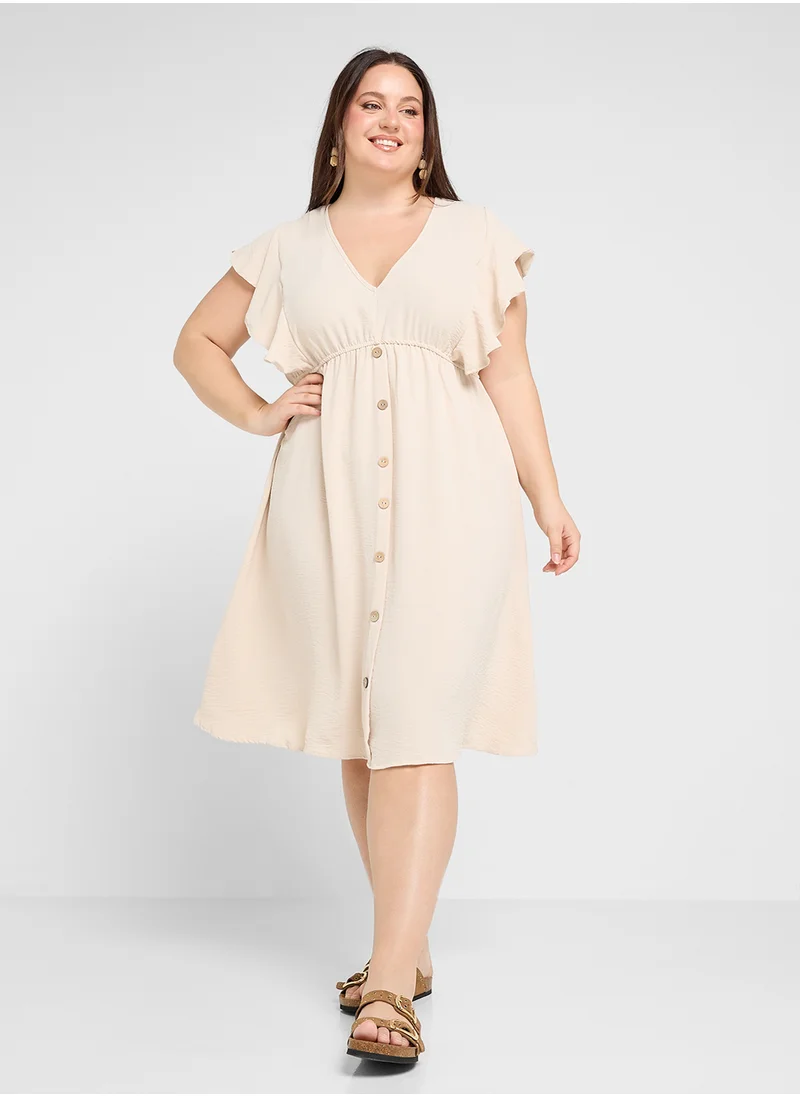 Ginger Plus V Neck Button Down Dress With Flounce Sleeves