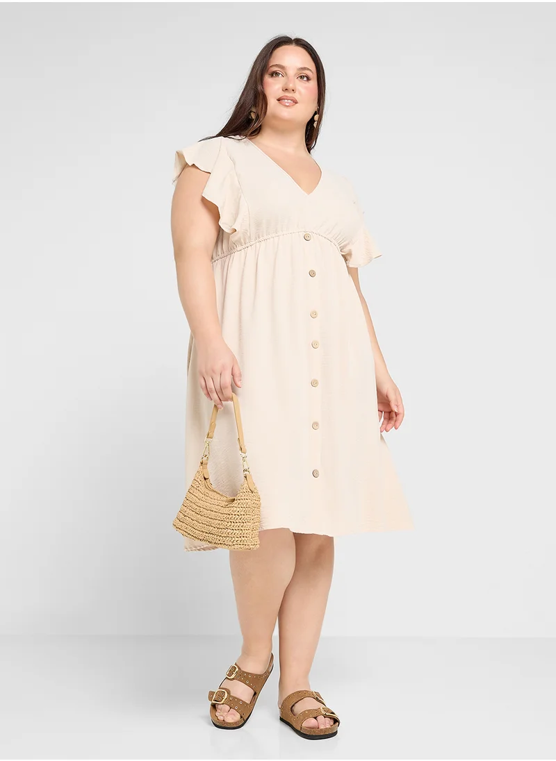 Ginger Plus V Neck Button Down Dress With Flounce Sleeves