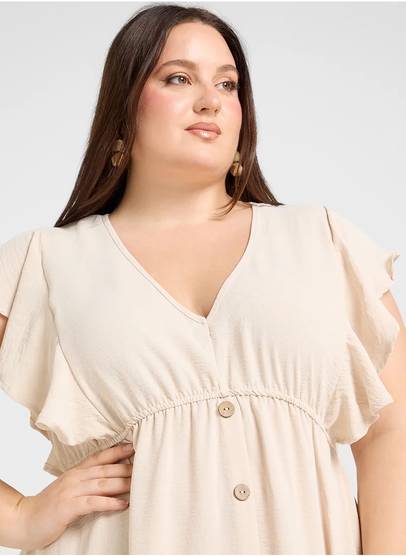 Ginger Plus V Neck Button Down Dress With Flounce Sleeves