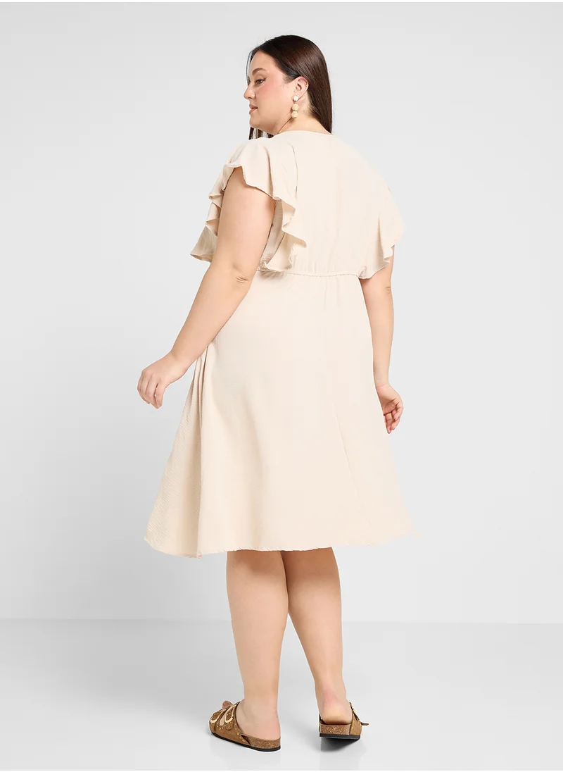 Ginger Plus V Neck Button Down Dress With Flounce Sleeves