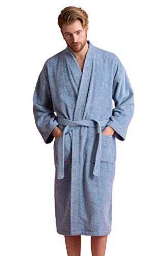 Soft Touch Linen Men's Robe, Turkish Terry Bathrobe, Turkish Terry Kimono Spa Bathrobe (Large, Light Blue) - Image 1