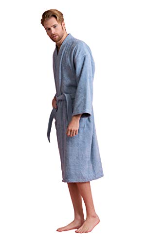 Soft Touch Linen Men's Robe, Turkish Terry Bathrobe, Turkish Terry Kimono Spa Bathrobe (Large, Light Blue) - Image 4