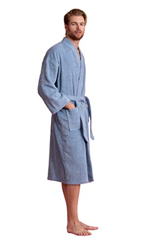 Soft Touch Linen Men's Robe, Turkish Terry Bathrobe, Turkish Terry Kimono Spa Bathrobe (Large, Light Blue) - Image 3