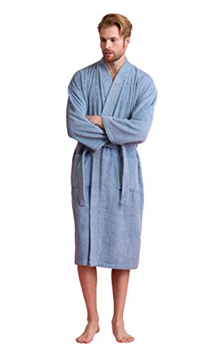 Soft Touch Linen Men's Robe, Turkish Terry Bathrobe, Turkish Terry Kimono Spa Bathrobe (Large, Light Blue) - Image 2