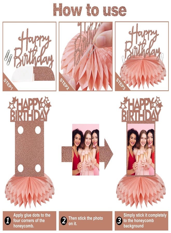 Bumqviy 8Pcs Rose Gold Birthday Decorations Honeycomb Centerpieces for Women Girl, Pink Rose Gold Glitter Birthday Photo Table Centerpiece Party Supplies, 16th 30th 40th 50th 60th Bday Table Topper - Image 5