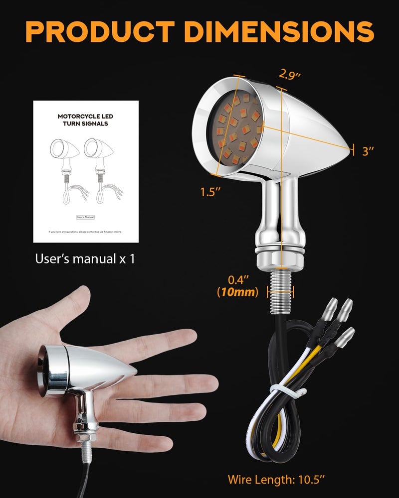 PBYMT 24 LED Motorcycle Bullet Turn Signals - Chrome Amber Lights for Harley, Honda, Kawasaki, Suzuki, Triumph, Yamaha - Image 4