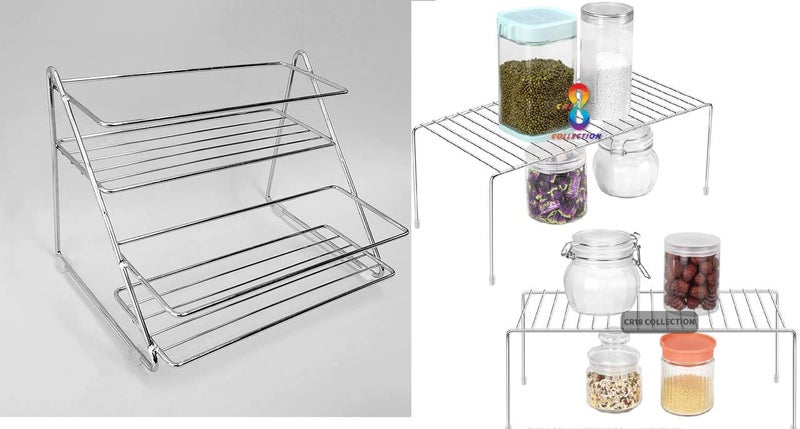 CR18 COLLECTION 3pcs Stainless Steel Multipurpose Rack StandDish RackStorage Shelves for Kitchen with Heavy Stainless Steel Kitchens Stand Combo Set 1 Rack and 2 cabinate Shelf - Image 1