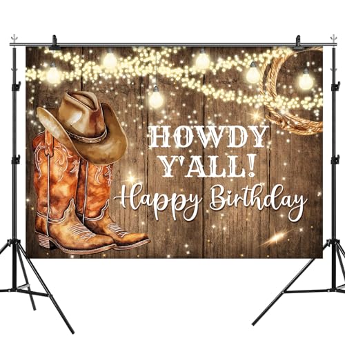 Rsuuinu Western Birthday Backdrop Cowboy Happy Birthday Rustic West Rodeo Boots Wooden Floor Country Photography Background Birthday Party Decoration Supplies Banner Photo Booth Studio Props 7x5ft - Image 5