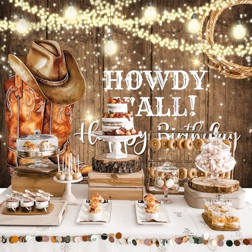 Rsuuinu Western Birthday Backdrop Cowboy Happy Birthday Rustic West Rodeo Boots Wooden Floor Country Photography Background Birthday Party Decoration Supplies Banner Photo Booth Studio Props 7x5ft - Image 3