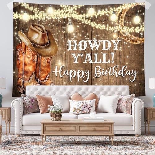 Rsuuinu Western Birthday Backdrop Cowboy Happy Birthday Rustic West Rodeo Boots Wooden Floor Country Photography Background Birthday Party Decoration Supplies Banner Photo Booth Studio Props 7x5ft - Image 4