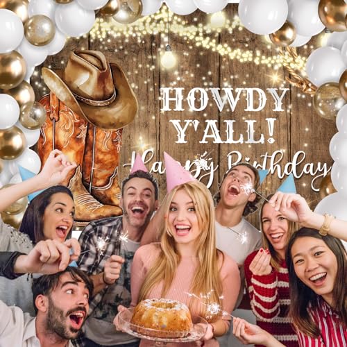 Rsuuinu Western Birthday Backdrop Cowboy Happy Birthday Rustic West Rodeo Boots Wooden Floor Country Photography Background Birthday Party Decoration Supplies Banner Photo Booth Studio Props 7x5ft - Image 2
