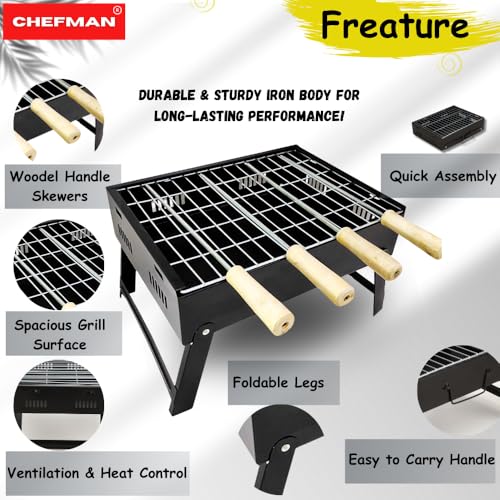 Chefman Mini Portable Table Top Charcoal Barbeque Grill for Outdoor Cooking, Featuring Foldable Legs, Removable Grill, and 4 Skewers, Perfect for Camping, Tailgating, Picnics, and Backyard Barbecues - Image 3