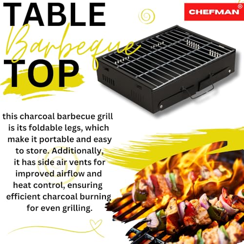 Chefman Mini Portable Table Top Charcoal Barbeque Grill for Outdoor Cooking, Featuring Foldable Legs, Removable Grill, and 4 Skewers, Perfect for Camping, Tailgating, Picnics, and Backyard Barbecues - Image 2