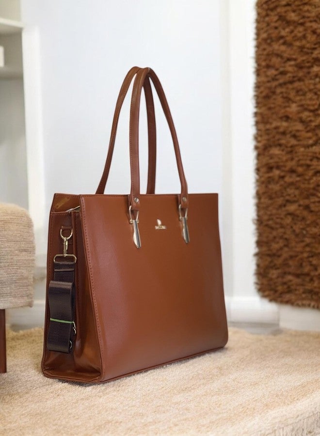 DAZZLE Professional Laptop Tote Bag, Brown Leather, Multiple Compartments with Metal Hardware - Image 5