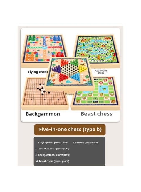 Children's Flying Chess Checkers Multi-functional One Chessboard Gobang Go Cards Colosseum Chess Combination Toys-Color:Five-in-one Model B [checkers + Backgammon + Beast Chess + Flying Chess + Adventure Chess] 30x30cm