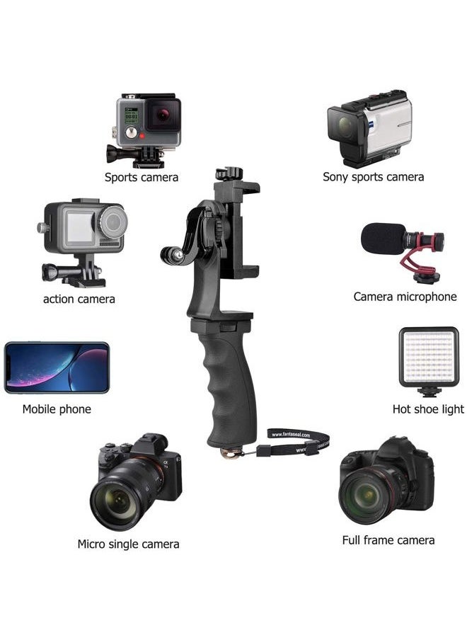 2in1 Ergonomic Portable Action Camera+Smartphone SYN Hand Grip Stabilizer Combo Mount Video Vlogging Rig Holder Kit for GoPro iPhone Interview Travel YouTube Tiktok Streaming-Mic+Light Adapter
