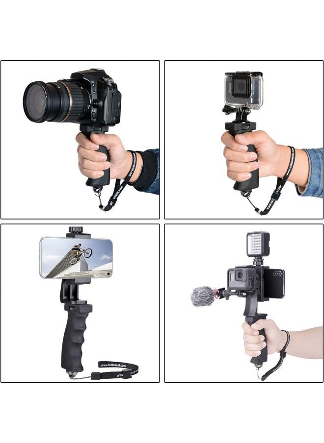 2in1 Ergonomic Portable Action Camera+Smartphone SYN Hand Grip Stabilizer Combo Mount Video Vlogging Rig Holder Kit for GoPro iPhone Interview Travel YouTube Tiktok Streaming-Mic+Light Adapter