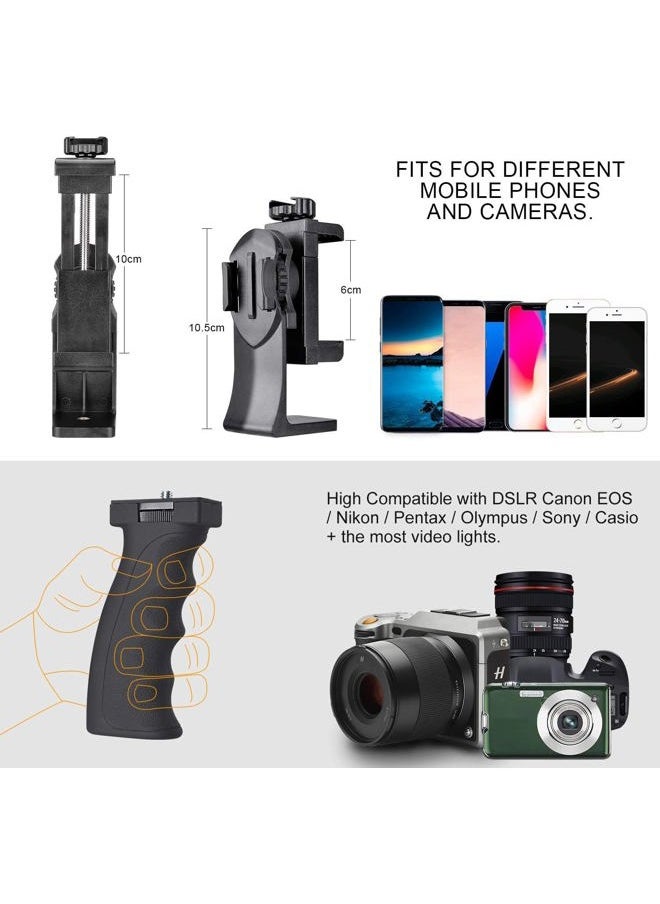 2in1 Ergonomic Portable Action Camera+Smartphone SYN Hand Grip Stabilizer Combo Mount Video Vlogging Rig Holder Kit for GoPro iPhone Interview Travel YouTube Tiktok Streaming-Mic+Light Adapter