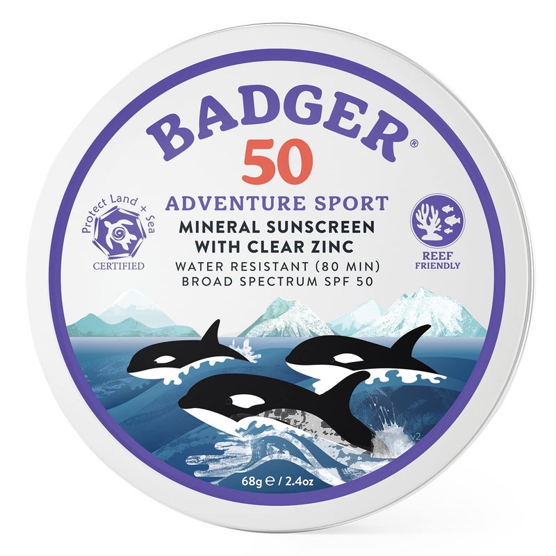 Badger Biodegradable Reef Safe Sunscreen, SPF 50 Mineral Sunscreen, 98% Organic Ingredients, Unscented, Water Resistant Adventure Sport Sun Cream, Travel Size 2.4 oz Tin - Image 1