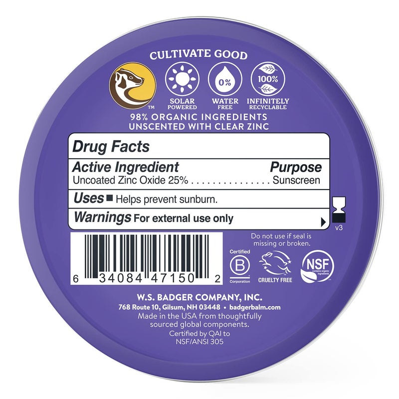 Badger Biodegradable Reef Safe Sunscreen, SPF 50 Mineral Sunscreen, 98% Organic Ingredients, Unscented, Water Resistant Adventure Sport Sun Cream, Travel Size 2.4 oz Tin - Image 2