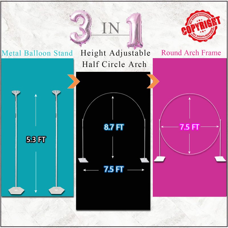 Decojoy Balloon Arch Stand, 7.5ft Large Round Backdrop Frame, Adjustable Half Circle Arch, 2 set Reusable Metal Ballon Column Kit with Base 3IN1 for Birthday, Wedding, Graduation, Shower Party - Image 2