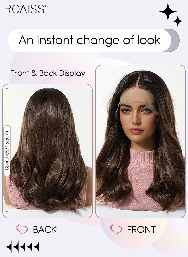 roaiss 13x6 Synthetic Lace Front Wig, 18 Inch Gradient Brown Wavy Wigs, Natural Density Hairline Glueless Wigs Natural Soft Synthetic Heat Resistant Hair Wig for Wedding Cosplay Party Daily Wear - Image 2
