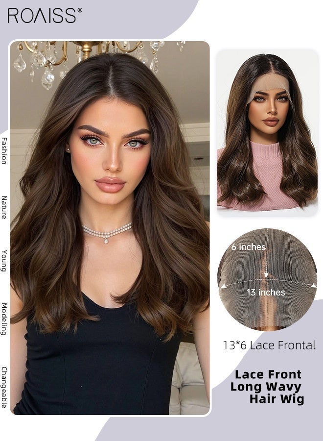 roaiss 13x6 Synthetic Lace Front Wig, 18 Inch Gradient Brown Wavy Wigs, Natural Density Hairline Glueless Wigs Natural Soft Synthetic Heat Resistant Hair Wig for Wedding Cosplay Party Daily Wear - Image 1