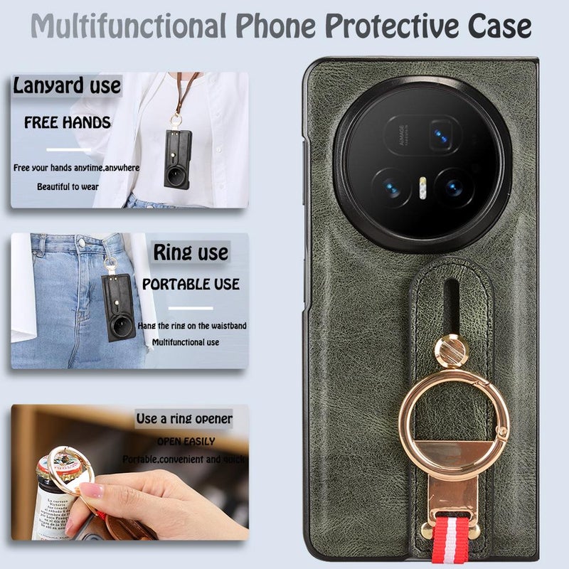 إيروريكس جراب خلفي من الجلد لهاتف For Honor Magic V5 مع سوار معصم (أخضر) - Image 5