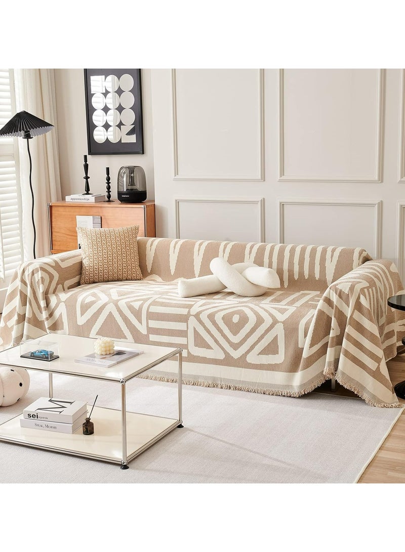 Oasisgalore Soft Sofa Cover with Tassels | Multipurpose Stretch Couch Cover, Sofa Blanket & Shawl | All-Season Decorative Slipcover (Beige-White, 180x300 cm) - Image 1