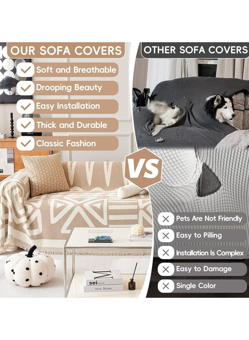 Oasisgalore Soft Sofa Cover with Tassels | Multipurpose Stretch Couch Cover, Sofa Blanket & Shawl | All-Season Decorative Slipcover (Beige-White, 180x300 cm) - Image 4