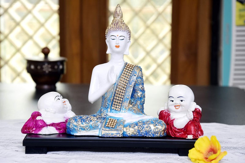 MARINER'S CREATION Meditating Buddha Statue with Two Child Monk and Wooden Tray | Buddha Statue for Home Decor | Decorative SHOWPIECE | House Warming Gift - Image 1