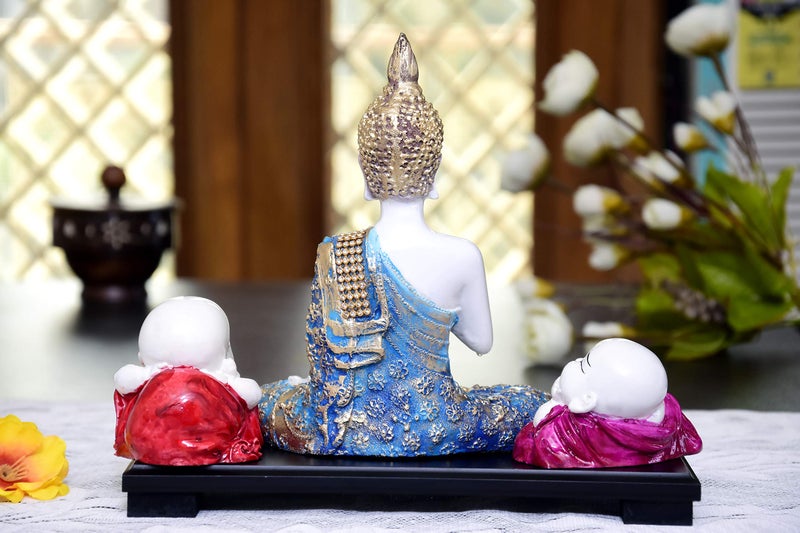 MARINER'S CREATION Meditating Buddha Statue with Two Child Monk and Wooden Tray | Buddha Statue for Home Decor | Decorative SHOWPIECE | House Warming Gift - Image 5