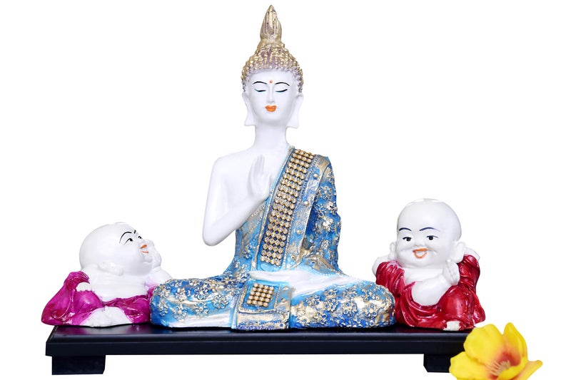 MARINER'S CREATION Meditating Buddha Statue with Two Child Monk and Wooden Tray | Buddha Statue for Home Decor | Decorative SHOWPIECE | House Warming Gift - Image 2