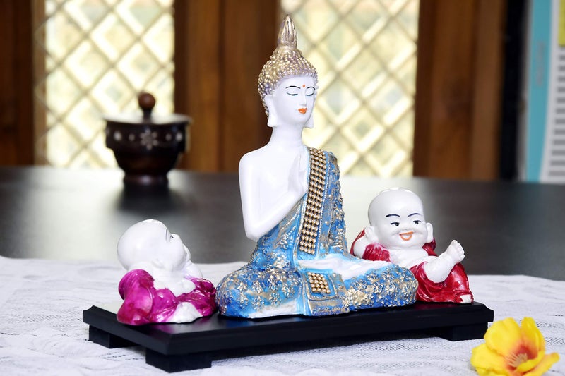 MARINER'S CREATION Meditating Buddha Statue with Two Child Monk and Wooden Tray | Buddha Statue for Home Decor | Decorative SHOWPIECE | House Warming Gift - Image 3