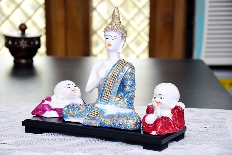 MARINER'S CREATION Meditating Buddha Statue with Two Child Monk and Wooden Tray | Buddha Statue for Home Decor | Decorative SHOWPIECE | House Warming Gift - Image 4