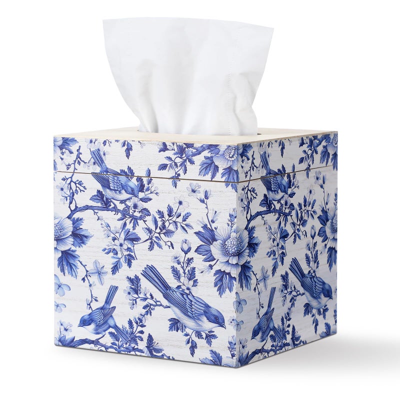 GlikCeil Blue and White Tissue Box Cover Wooden Floral Bird Vintage Square Tissue Box Holder for Bedroom Bathroom Office Desk Countertop Modern Farmhouse Decor, 6 x 6 x 6 Inch - Image 1