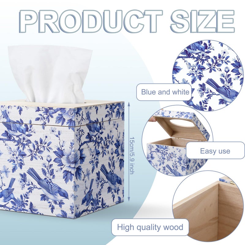GlikCeil Blue and White Tissue Box Cover Wooden Floral Bird Vintage Square Tissue Box Holder for Bedroom Bathroom Office Desk Countertop Modern Farmhouse Decor, 6 x 6 x 6 Inch - Image 3