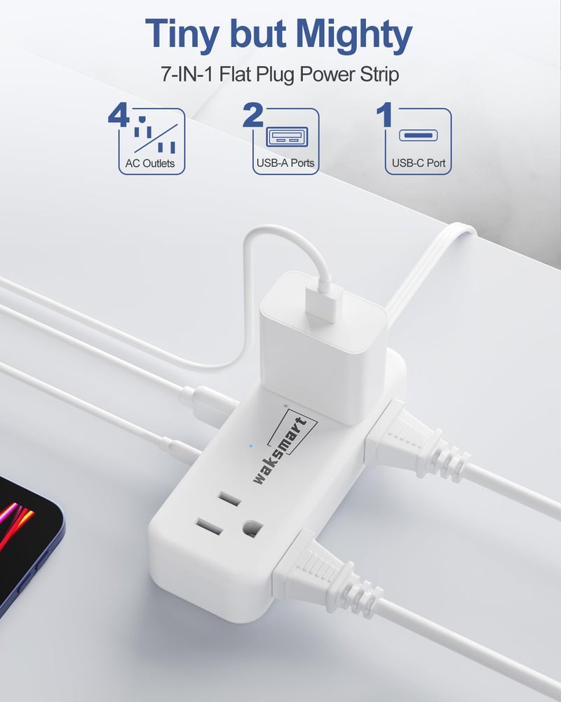 Waksmart Flat Plug Extension Cord 3 Feet with 4 AC Outlets 3 USB Ports (5V/3.4A 17W), Flat Plug Power Strip Compact for College Dorm, Travel, Home, White - Image 2