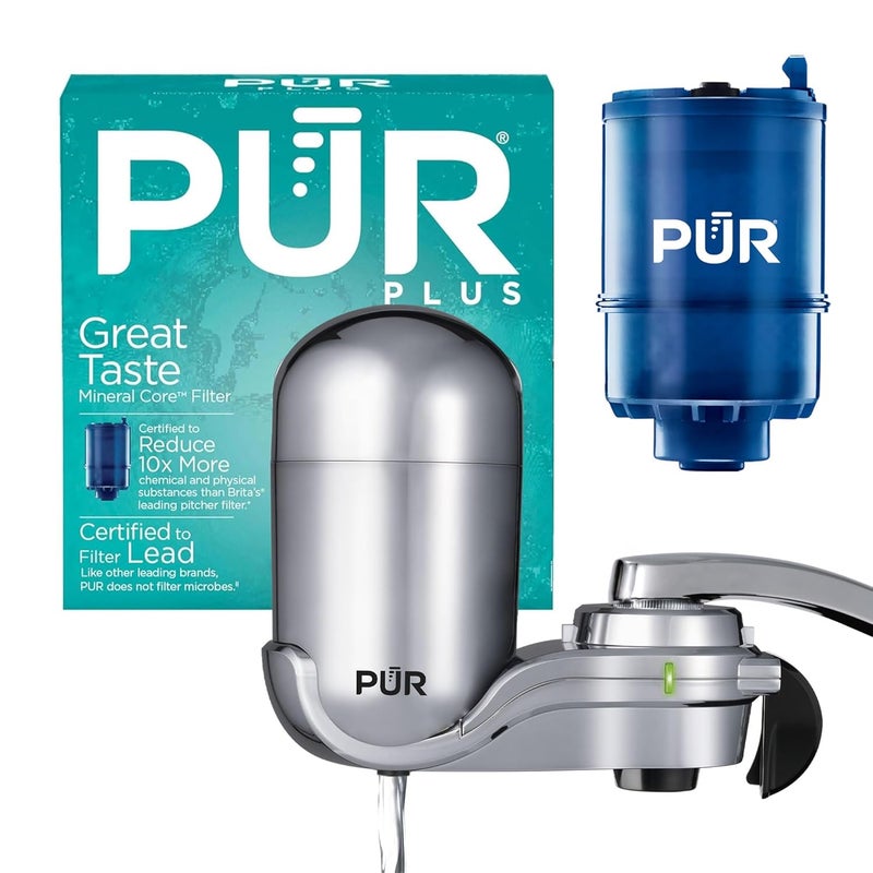 Pur PLUS Vertical Faucet Mount Water Filtration System, Lead-Reducing Filter, Great-Tasting Water, Easy Install, Lasts 100 Gallons, Compatible with Sinks with External Aerators, Chrome - Image 1