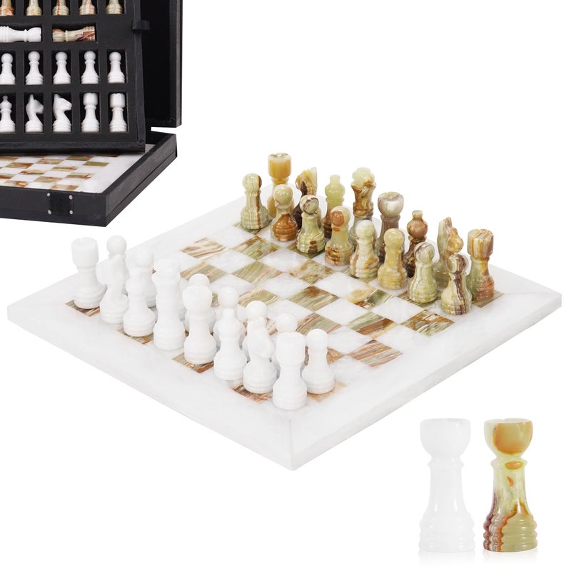 MARBLE RANGE Marble Chess Set for Adults 10 Handmade White Green Onyx Board Game with 32 Chess Pieces 2 Extra Queens Storage Box Luxury Travel Game Elegant for Home Decor - Image 3