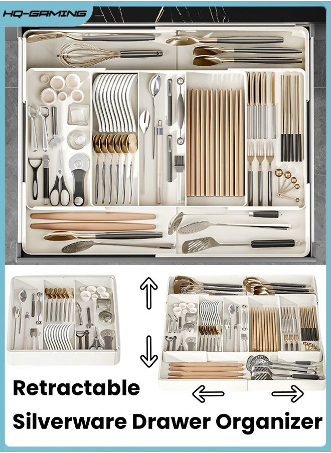 HQ-GAMING Expandable Silverware Drawer Organizer Adjustable Cutlery Holder for Kitchen BPA-Free Utensil Tray Large Capacity Storage for Spoons, Forks, Knives  - Image 1