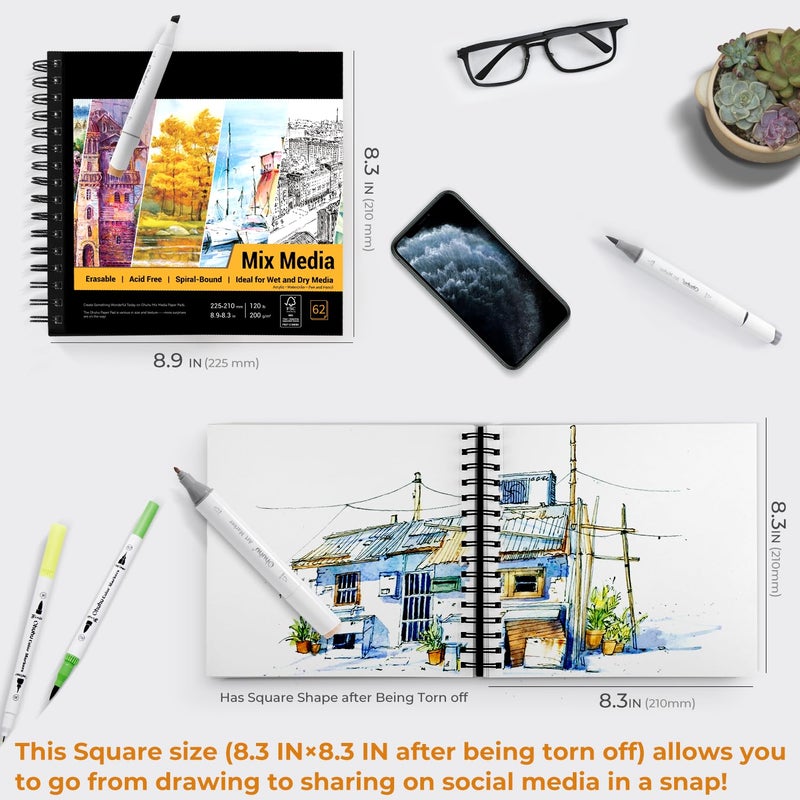 Ohuhu Mix Media Pad, Ohuhu Mixed Media Art Sketchbook, 120 LB/200 GSM Heavyweight Papers, 62 Sheets/124 Pages, Spiral Bound Mixed Media Paper Pad for Christmas Gift - Image 2