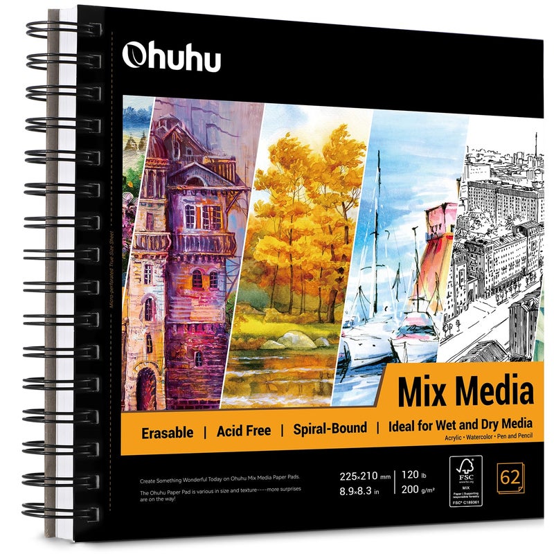 Ohuhu Mix Media Pad, Ohuhu Mixed Media Art Sketchbook, 120 LB/200 GSM Heavyweight Papers, 62 Sheets/124 Pages, Spiral Bound Mixed Media Paper Pad for Christmas Gift - Image 1